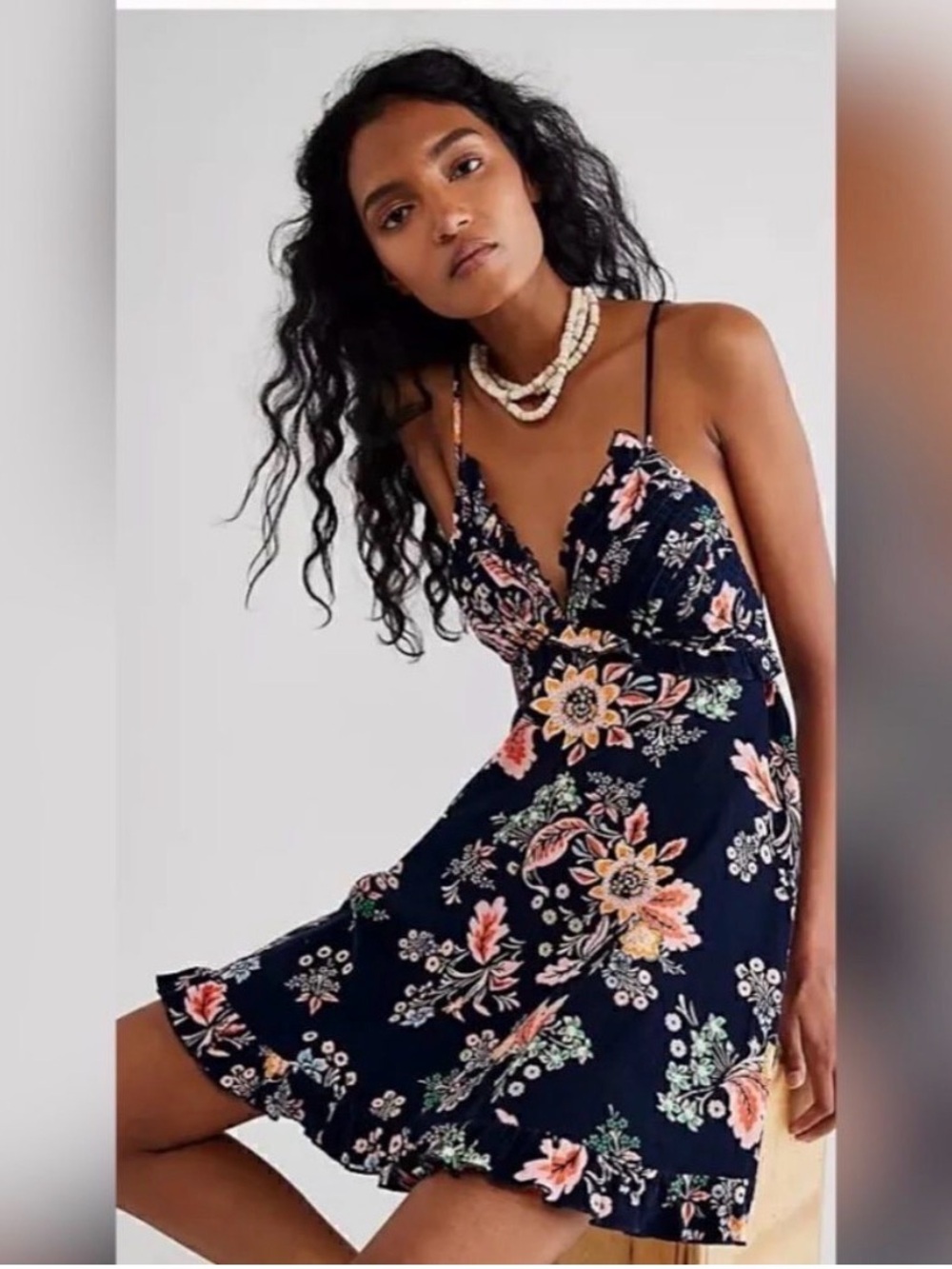 FREE PEOPLE Cord Looking Glass Mini Navy Blue Ruffle Corduroy Floral Small - Picture 2 of 11